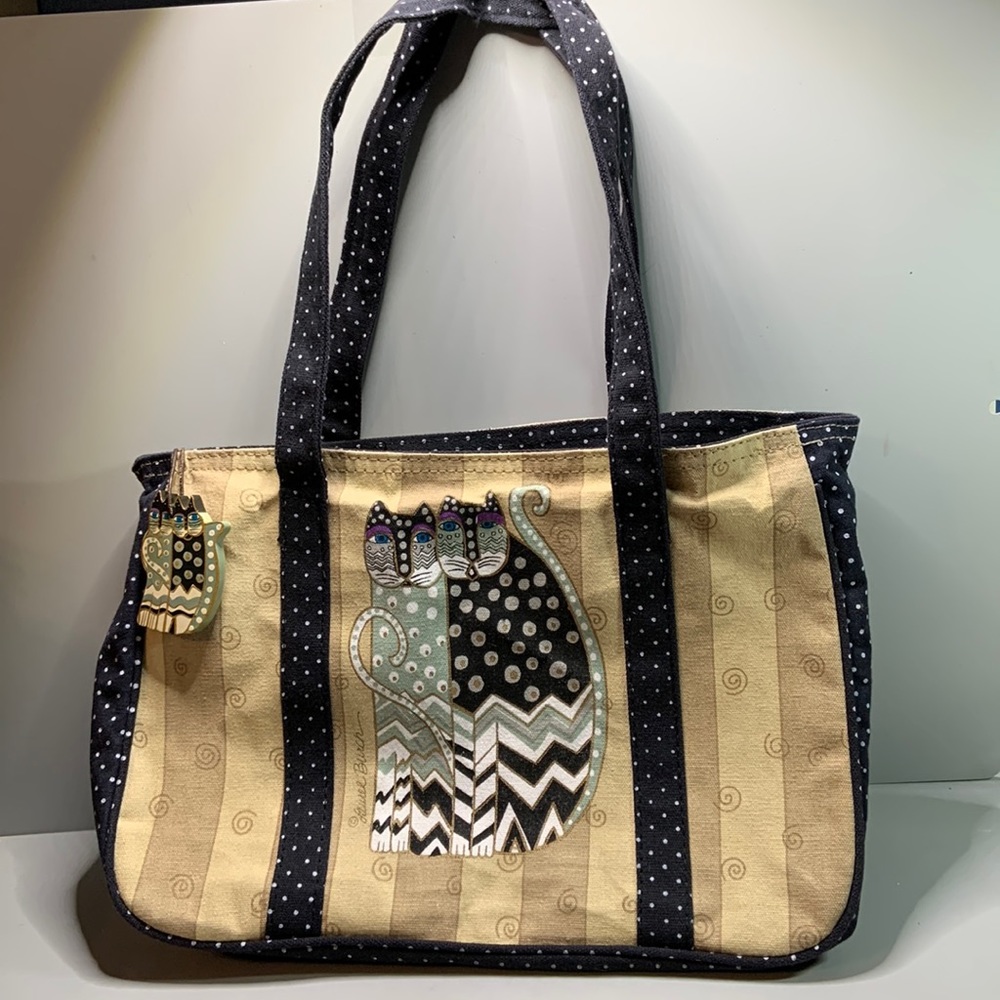 Laurel Burch double two cat polka dot canvas tote bag. Zipper closure.